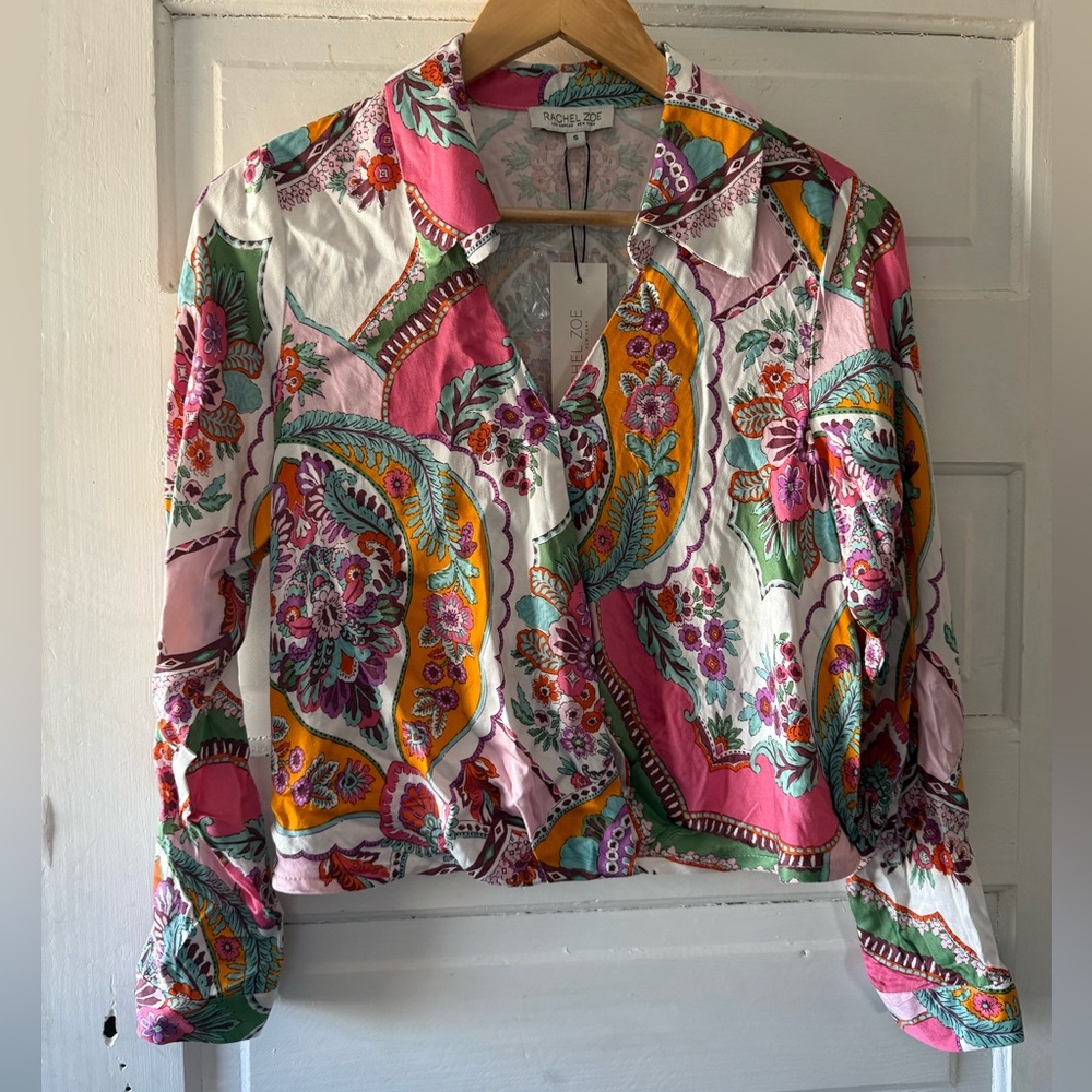 Rachel Zoe Pink and Green Floral Cropped Blouse